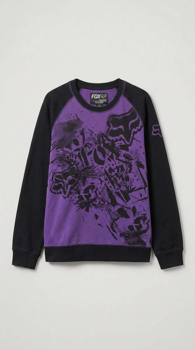 Y2K Fox Racing Black Purple Graphic Raglan Long Sleeve Crewneck Sweatshirt